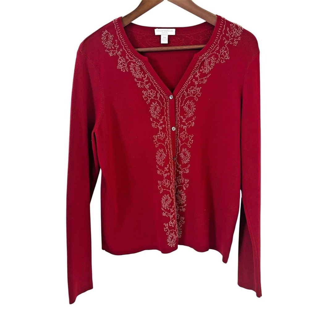 Charter Club Embroidered Sweater Cardigan SZ Med Petite Red Button Down‎ Beaded